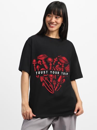 Image of JUNEBERRY Pure Cotton Round Neck Half Sleeve Oversized Baggy Fit Drop Shoulder Front Printed T-Shirt for Women