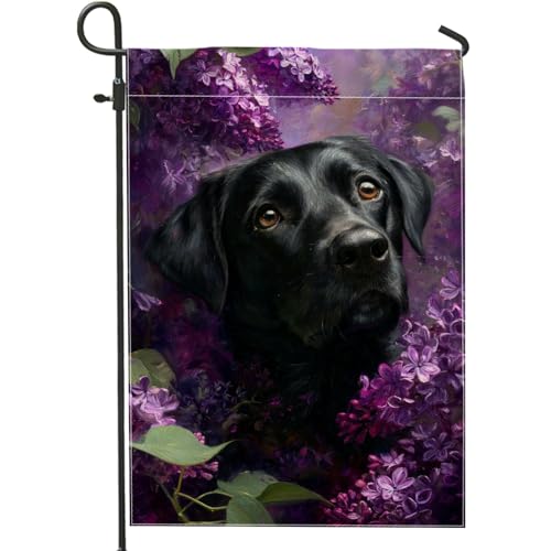 Bandiera da giardino floreale con cane nero, fiori viola lilla decorazione per esterni, bandiera da cortile in iuta su entrambi i lati, decorazione stagionale per la casa, 30,5 x 45,7 cm