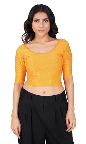 Image of Fressia Fabrics Pure Cotton 4-Way Stretch Readymade Blouse for Women | Free Size to 4XL Stretchable Round Neck Dobby Cotton Half Sleeve Readymade Saree Blouse for Women Stylish