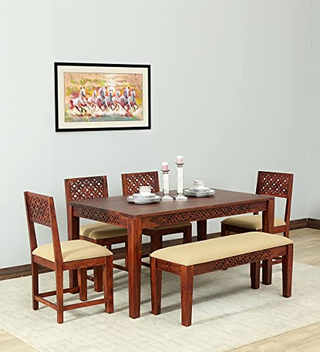 Image of Sheesham Wood Dining Table Dining Room Furniture Wooden Dinner Table for Living Room Home and Restaurant (6 Seater, Honey)