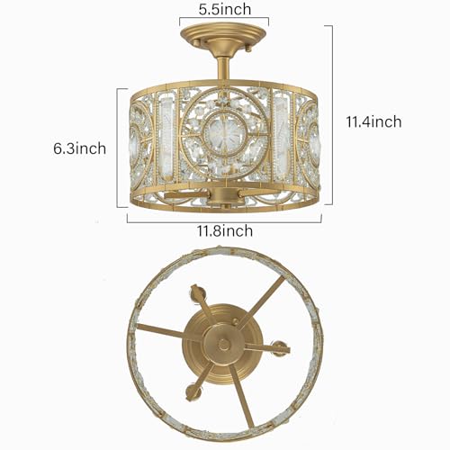 Image of Semi Flush Mount Chandelier for Dining Room, 3-Lights Vintage Crystal Round Chandelier, Gold Retro Semi-Flush Mount Ceiling Lights Fixture for Living Room Bedroom Kitchen Hallway Foyer