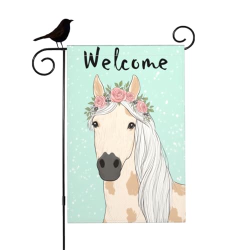 Mugod Watercolor Horse Welcome Garden Flag 12.5x18 Inch Double Sided Outside, Fairy Tale Beautiful Horse with Flowers Rose Peony Wreath Party Holiday Burlap Yard Outdoor Decoration