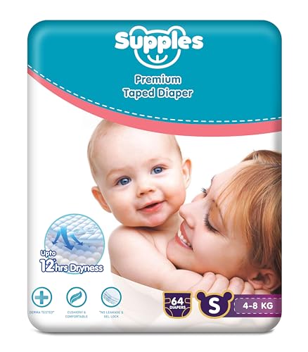 Image of Amazon Brand - Supples Premium Small Taped Diapers | Derma Tested, Extra Soft, High Absorbency with Wetness Indicator & Umbilical Cut Design, 12 Hrs Absorption | Small | 4-8 Kg | 64 Count