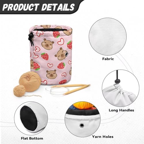 Image of Sellikakes Capybara Strawberry Yarn Bag Crochet Knitting Bag, Knitting Yarn Holder Crochet Storage Bag Store Crocheting Project Sewing Supplies Skein Ball Knitting Short Needles