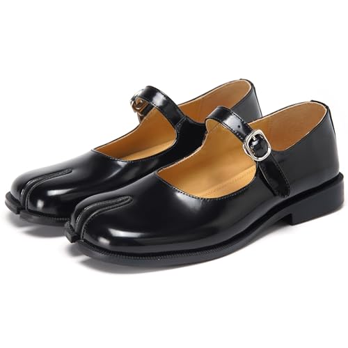 Women's Mary Jane Tabi Shoes,Split Toe Patent Leather Dress Flats with Square Toe and Buckle Strap
