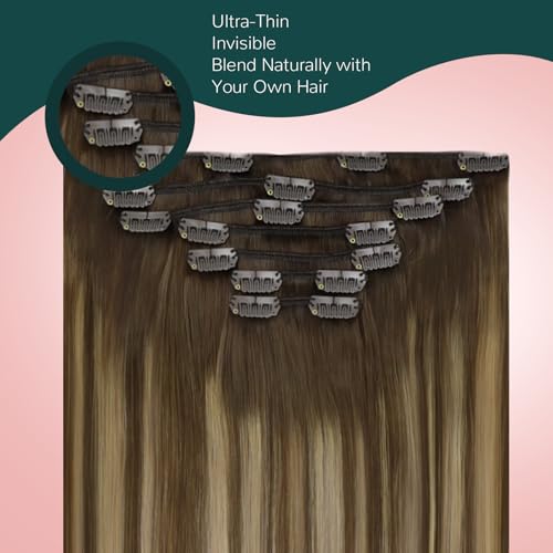 Image of Easyouth Clip in Extensions Real Human Hair Balayage, 18 Inch Human Hair Clip in Extensions, Ombre Medium Brown to Caramel Blonde Mix Brown, Invisible Clip in Hair Extension, Soft and Silky, 120g 7pcs