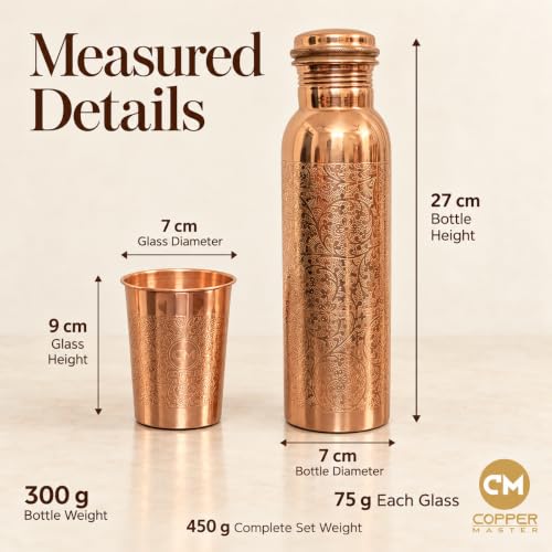 Image of Copper-Master Pure Copper Water Bottle 1L & 2 Glasses Set, Floral Etched