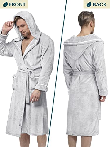 Pavilia Mens Robe, Hooded Soft Robe For Men, Warm Bathrobe With Hood For Bath Shower Spa With Shawl Collar, Pockets, Satin Trim, Plush Fleece - Light Gray #TOP1