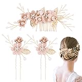 BETESSIN 3 Stk Haarschmuck Hochzeit Blumen Haarkamm Braut Perlen mit Haarnadeln Perle Rosa Brautschmuck Haare Kopfschmuck Haarklammern für Frauen und Mädchen Party Accessoire