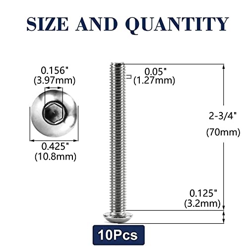 Image of 1 /4-20 x 2-3 /4 inch Button Head Socket Cap Bolts Screws, 10Pcs 304 Stainless Steel 18-8, Allen Hex Drive, Bright Finish by SG TZH(with Hex Spanner)