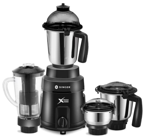 Image of Singer Xtrom Mixer Grinder 1000 Watts 4 Jar includes 3 Stainless Steel Jar, 1 Transparent Jar with Fruit Filter - Black