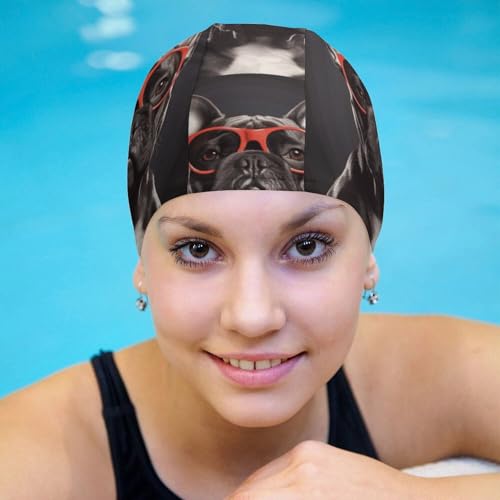 Badekappe, hohe Elastizität, französische Bulldogge, Langhaar, Schwimmkappe für Erwachsene, wasserdicht, rutschfest, für Damen, Stoff-Badekappe