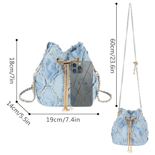 Image of Women Denim Mini Bucket Shoulder Crossbody Bag Drawstring Quilted Distressed Tassel Barrel Shape Satchel Purse