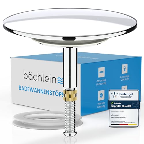 Bächlein Universal Badewannenstöpsel - ⌀ 7,2 cm Stöpsel für Badewanne [Chrom] - Abfluss-Stopfen aus Messing inkl. Ersatzdichtung - Für Fast Jede handelsübliche Badewanne