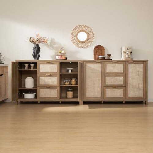 Image of SICOTAS 52 Inch Rattan Sideboard Buffet Coffee Bar Cabinet with 3 Drawers | Farmhouse Boho Credenza Storage Cabinet with Large Storage, Console Table for Living Room, Kitchen, Entryway