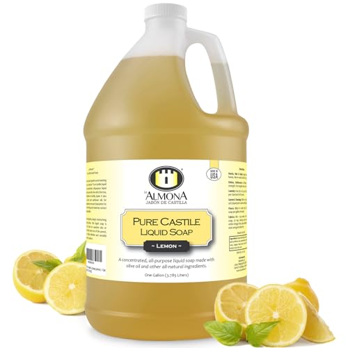 La Almona - Pure Castile Liquid Soap, LEMON, 1 Gallon - Multipurpose: Hands, Face, Body, Laundry, Dishes & More - For Sensitive Skin, All-Natural Ingredients, Scented with Essential Oils