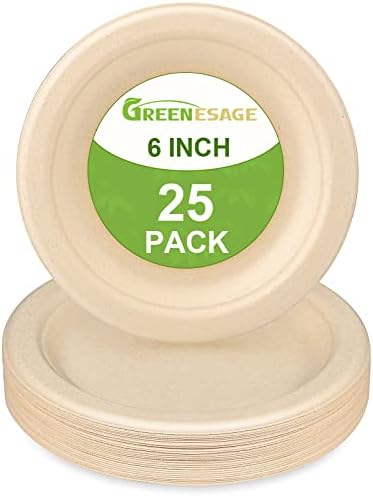 GREENESAGE Paper Plates 6 inch, 25 Pack Eco Friendly Disposable Plates, Small Plates Disposable Paper Plates Heavy Duty, Brown Paper Plates Compostable for Dessert, Cake, Appetizer