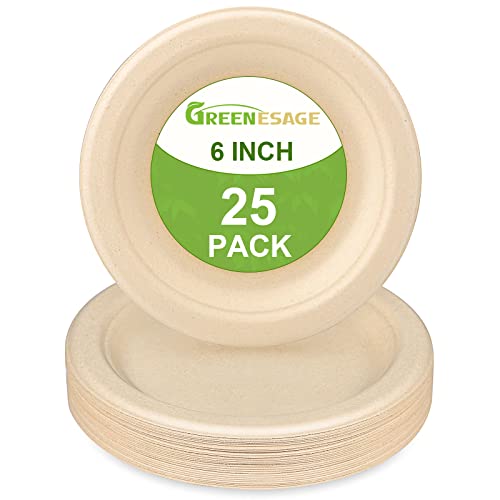 Greenesage Paper Plates 6 Inch, 25 Pack Eco Friendly Disposable Plates, Small Plates Disposable Paper Plates Heavy Duty, Brown Paper Plates Compostable For Dessert, Cake, Appetizer #TOP28