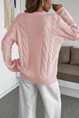 Image of Cakulo Womens Oversized Pullover Sweaters Bell Sleeve Chunky Cable Knit Sweater Crewneck Trendy Knitted Tops 2025 Pink M