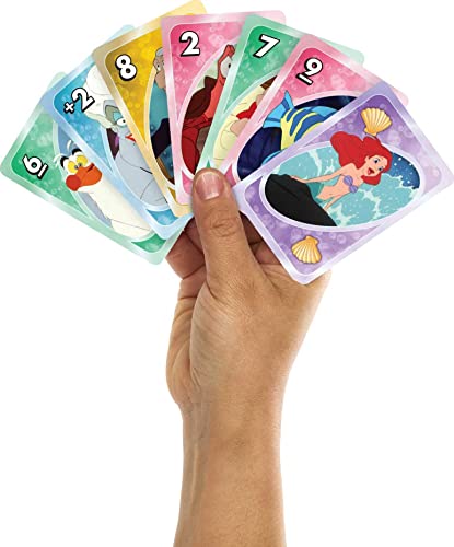 Mattel Games UNO Disney Prinzessin Die kleine Meerjungfrau Kartenspiel, inspiriert vom Film für Familiennacht, Spieleabend, Reisen, Camping und Party – Bild 3