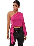 Milumia Women Sexy One Shoulder Crop Tops Lantern Long Sleeve Knot Solid Chiffon Blouses Top Pink...