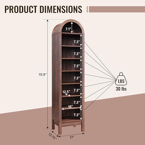 Image of IFBUY 71 inch Tall Arched Bathroom Storage Cabinet, 8-Tier Modern Farmhouse Storage Cabinet with Adjustable Shelves, Wood Freestanding Cabinet for Bathroom, Living Room, Entryway, Hallway (Brown)