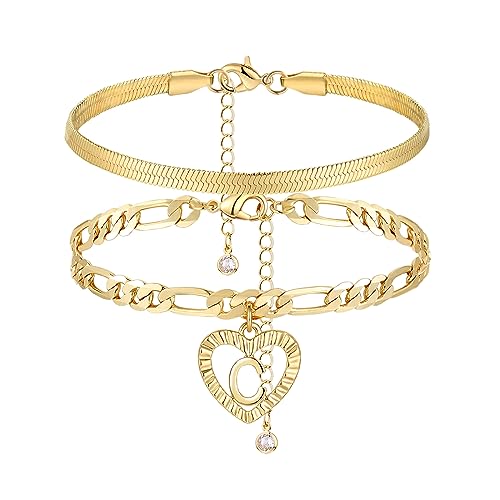 Image of YANODA Gold Ankle Bracelets for Women Waterproof, 14k Gold Plated Layered Snake Anklets Figaro Chain Letter Initial Anklets Handmade Heart Ankle Bracelets Personalized for Women Beach Jewelry Gifts