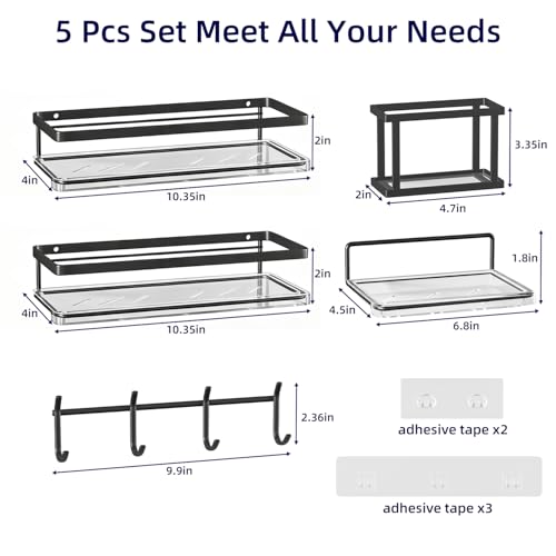 Epicano Adhesive Shower Caddy, 5 Pack Rustproof Stainless Steel Bathroom Shelves, No Drilling Wall Mount Clear Shower Organizer, Large Capacity Storage for Bathroom,Kitchen,Dorm and RV, Black — view 2