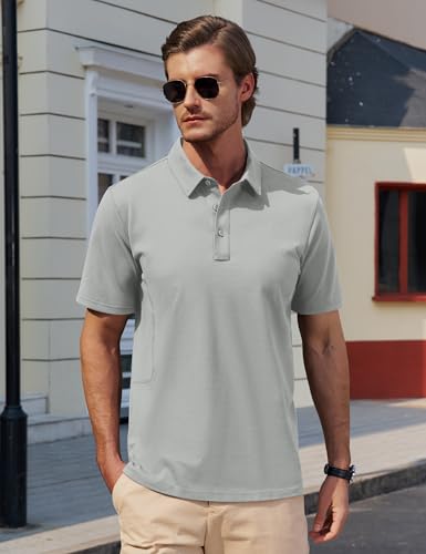 Cotrasen Men's Polo Shirts Short Sleeve Cotton Pique T-Shirts 3 Buttons Casual Soft Performance Golf Shirt Light Grey XL — view 2