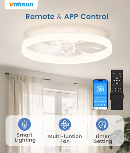 Image of VOLISUN Low Profile Ceiling Fans with Lights and Remote, 24in Fandelier Ceiling Fan Flush Mount, 3000K-6500K Smart Bladeless LED Fan Light, White Modern Ceiling Fans with Lights for Bedroom