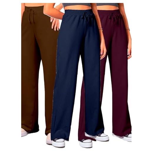 Calça Moletinho Pantalona Feminina Kit 3 Tamanho Único Cós Largo Corte a Fio Tecido Leve Cores Variadas (BR, Alfa, P, Regular, Regular, Marrom, Azul Marinho e Vinho)