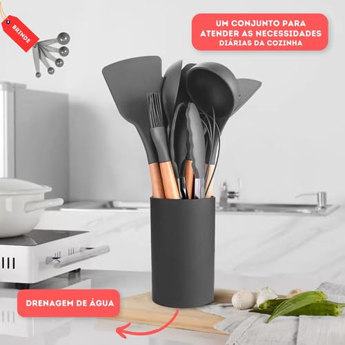 Jogo de Utensilios de Cozinha em Silicone Premium Madeira 17 Peças (Cinza)