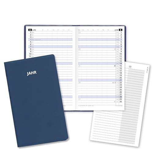 Monatstaschenkalender für das Jahr 2026 Classica Taschenplaner mit Monatsübersicht in Blau mit 8-seitigem Adressheft und PVC Einband in Blau