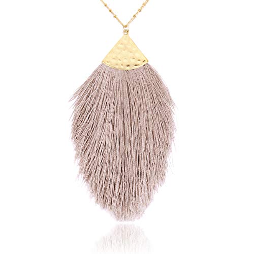 RIAH FASHION Antique Bohemian Silky Thread Fan Tassel Statement Necklace - Vintage Gold Feather Shape Strand Fringe Lightweight Long Chain (Feather Fringe - Light Brown)
