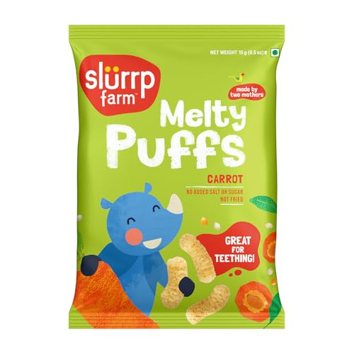 Image of Slurrp Farm No Salt No Sugar Teething Puffs | Baked Fruit and Vegetable Millet Puffs | Carrot, Strawberry & Banana, Mango | Pack of 27