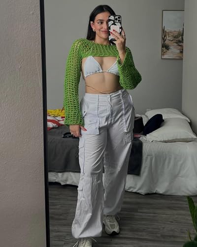 Image of Womens Crochet Crop Tops Y2k Knit Shrug Sweater Hollow Out Long Sleeve Bikini See Through Cover Ups