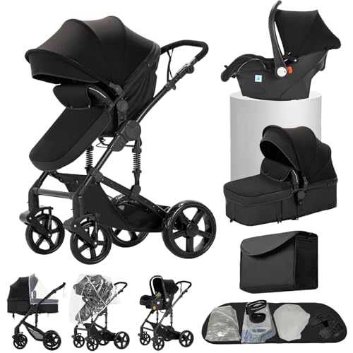 Carrito bebe 3 en 1, Capazo, Cochecito Deportivo y Silla de Coche, para Bebés de 0 a 36 Meses (Negro)