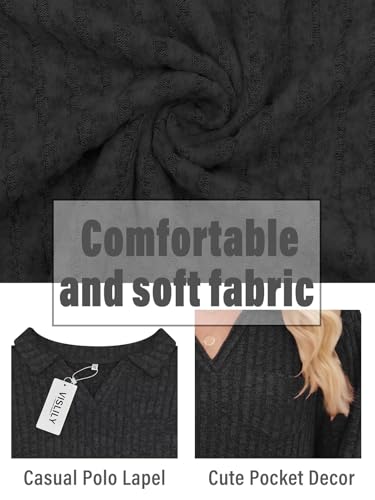 Image of VISLILY Womens-Plus-Size-Tops Collared V Neck Polo Shirts Lightweight Long Sleeve Sweaters Trendy Pocket Decor Tunic Blouses