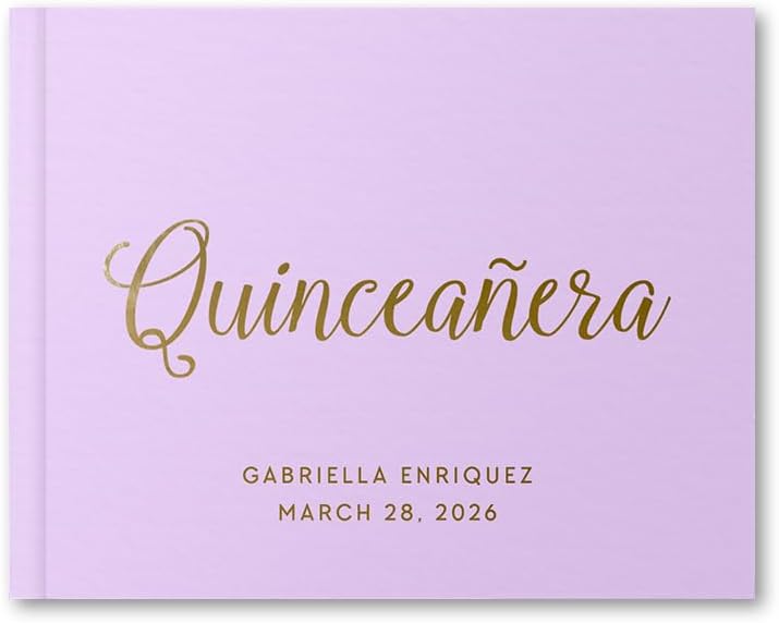 Quinceañera Guest book, Personalized Quince Album or Well Wishes Keepsake for Mis Quince 15th Birthday, Color Choices - Purple Lilac Gold (9x6)