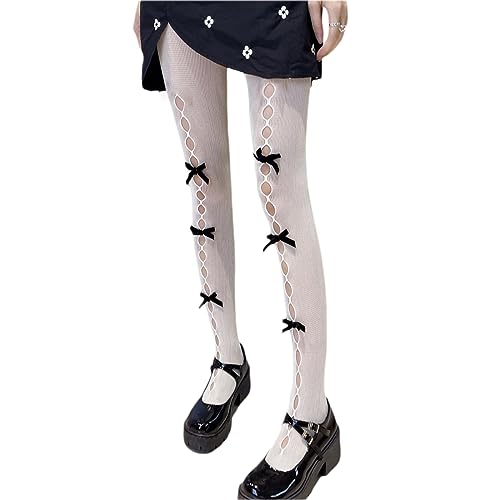 Image of SOLILOQUY Women Y2K Lolita Sheer Tights Bow Knot High Waist Footed Pantyhose Stockings See-Through Stretchy Leggings