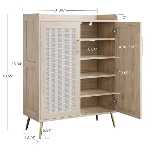 Rattan Shoe Cabinet, 5-Tier Shoe Storage Cabinet with Doors, 2 Adjustable Shelves and Heavy Duty Metal Legs, Farmhouse Shoes Organizer for Entryway Hallway Living Room, Oak