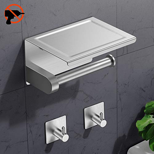 RYMALL Porte-Papier Toilette Mural avec Etagère de Porte Rouleau Papier Toilette Mural en Acier Inox Brossé,Autoadhésives et Montées à La Paroi, Pour Salles de Bain(Avec 2 crochets)