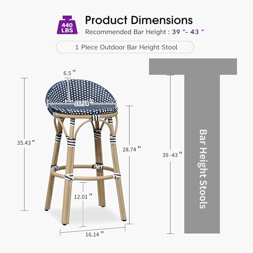 Image of PURPLE LEAF Patio Oversized Backrest Bar Height Stool Set of 1 Outdoor Round Barstools Aluminum Frame in Champagne Finish Woven Rattan for Indoor Kitchen Dining Bistros Cafe Restaurant Navy Blue