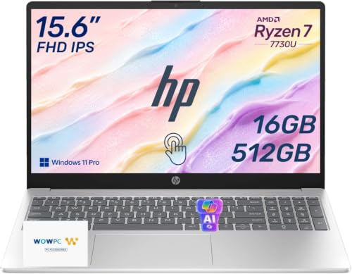 Image of HP 2026 Edition Business Laptop, 15.6 inch FHD IPS Touchscreen, AMD Ryzen 7 7730U 8-Core 16-Thread Processor for Multitasking, 16GB RAM, 512GB SSD, Numeric Keypad, Camera Privacy Shutter, Windows 11