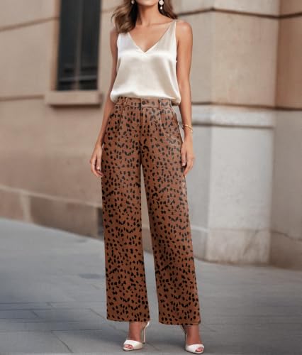 Image of Feiersi Womens Casual Wide Leg Pants High Waisted Button Down Straight Long Trousers Palazzo Pants