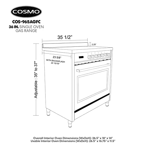 COSMO COS-965AGFC 36 in. Nebula Collection 3.8 cu. ft. Gas Range, 5 Burners, Rapid Convection Oven, Cast Iron Grates in Stainless Steel