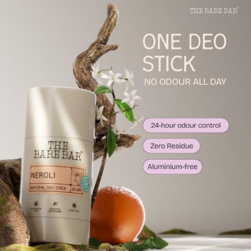 Image of The Bare Bar Neroli Natural Deodorant Stick 28g | Up to 24-Hour Odour Control | Long-Lasting Freshness | Aluminium-Free, Baking Soda-Free | No White Marks, No Staining | For Men & Women