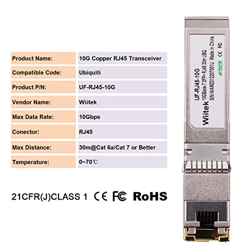 Image of 10G SFP+ to RJ45 Copper Modules, 1.25G /2.5G /5G /10GBase-T Ethernet Copper to SFP+ Transceiver Compatible for Ubiquiti Unifi UF-RJ45-10G /uacc-cm-rj45-mg (Cat 6a /7 or Better, 30-Meter)