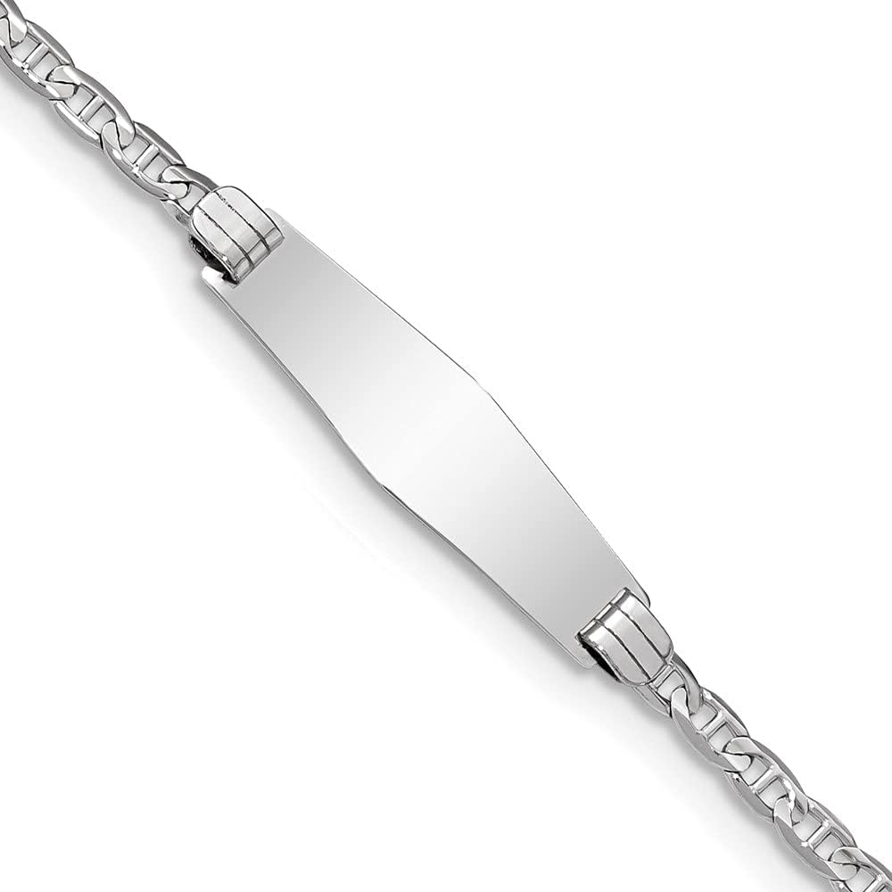 Engravable Personalized Custom 14K White Gold Semi-Solid Soft Diamond Shape Anchor Link ID Bracelet For Men or Women Length 7 inches Width 7.8 mm