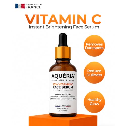 Image of Aqueria 10% Vitamin C Brightening Face Serum for Glowing Skin | 50ml | French Formulated Serum with 3% Niacinamide, Hyaluronic Acid & Vitamin E | For Dark Spots, Dull Skin & Uneveven Skin Tone